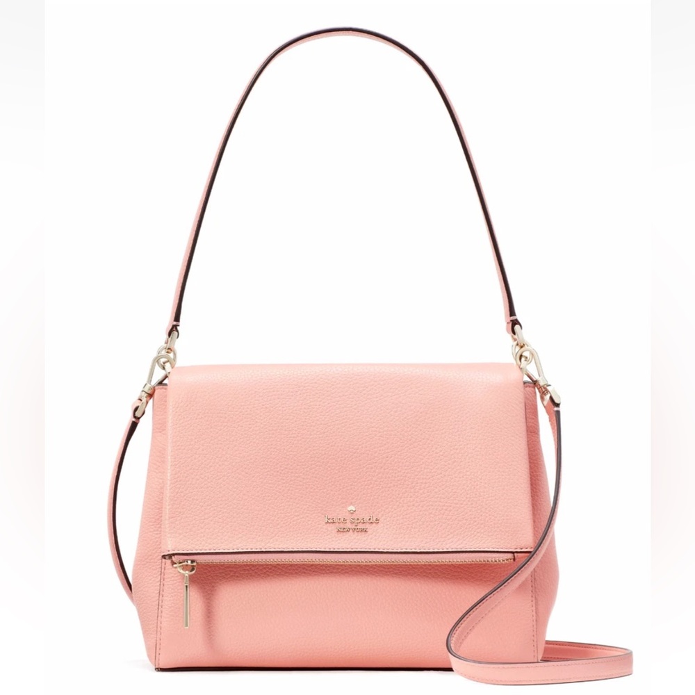 New Kate Spade Leila Pebble Leather Medium Flap Shoulder bag Peachy Rose